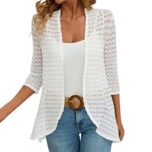 Bol&eacute;ro pour femme - Grandes tailles - Veste bol&eacute;ro en mousseline - Manches 3/4 - L&eacute;ger - Bol&eacute;ro avec dentelle - Veste d'&eacute;t&eacute; d&eacute;contract&eacute;e - Chemise de soleil - Coupe unie - Pour robe, Blanc., XL (Luotema, neuf)