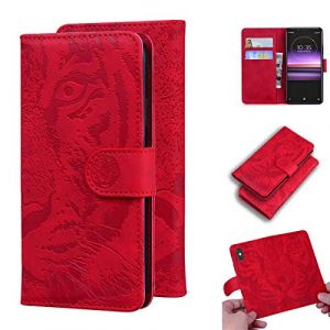 LMFULM&reg; &Eacute;tui pour Sony Xperia 1 J8110, J8170, J9110, J9150 (6,5 Pouces) PU Magn&eacute;tique Pochette Cuir Housse Tigre Impression Rabattable Case Stent Fonction Rouge (LMAZWUFULM, neuf)