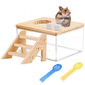 WEFHEF Salle de Bain pour Hamster avec Couvercle, Baignoire pour Hamsters Transparente, Toilette pour Hamster 18,5x12,5x8,5cm, avec &Eacute;chelle, 2 Pelle de Nettoyage et 2 Bloc de Dentition, pour Gerbille (Vectorspar, neuf)