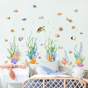 Supzone Stickers Muraux Sous Marin Autocollants Mural avec Algues, Poissons & Tortues - Idéal pour Chambre Enfant Garçon Fille, Nursery, Salle de Bains (LCRZ Store, neuf)
