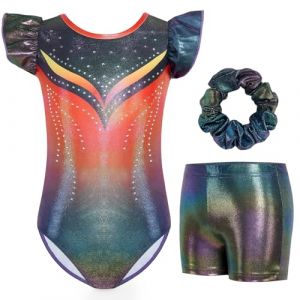 Gogokids Ensemble de Gymnastique à Manches Volantées pour Filles, 3 Pièces Justaucorps de Gymnastique pour Enfants avec Design à Paillettes Dégradées, Costumes de Gymnastique pour 8-9 Ans (KunTee, neuf)