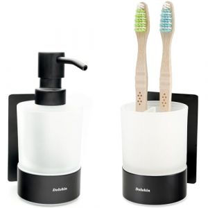 Dolvhin® Distributeur de Savon et Porte-Brosse à Dents Mural | Verre dépoli à Coller | Gobelet à Dents INOX sans perçage | Doseur Savon Liquide | Set Salle de Bain élégant | Noir Mat (Vigoliving, neuf)