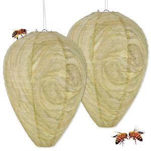 2pcs Leurre de Nid de Guêpe Papier Faux Lanterne de Ruche Suspendu Piège à Guêpes Répulsifs à Abeille Anti-Frelons pour Maison et Jardin à l'Extérieur (A Mi A Mi Hong, neuf)