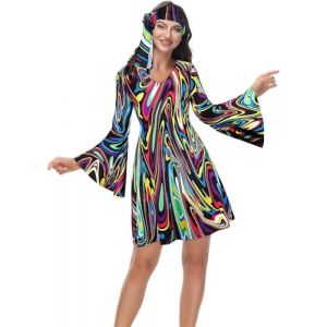 Jutrisujo Deguisement Annee 80 Disco Robe Femme Hippie Déguisement 60, 70, 90 Costume Remme Robe Vetement Halloween Carnaval Grande Taille Noir S (jutrisujo Unique, neuf)