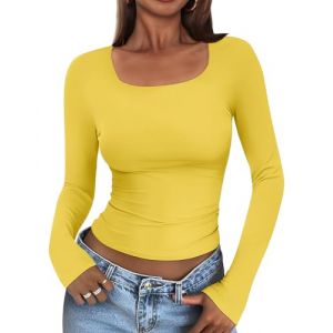 Cuptacc Tshirt Femme sans Ride Extensible Tee Shirt Slim Fit Femme Col en U Manche Longue Respirante Tunique Soft Uni Maillot Corps Jaune XS (CuptaccFashion, neuf)