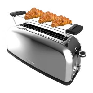 Cecotec Grille-pain vertical Toastin' time 850 Inox Long, 850 W de puissance, Double fente longue et large de 3,8 cm, Varillas Sup&eacute;rieures, Acier Inoxydable, Arr&ecirc;t et Popup Automatiques, Bac &agrave; miettes (Cecotec, neuf)