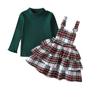 Geagodelia Ensemble de No&euml;l pour fille 2 pi&egrave;ces Robe pour b&eacute;b&eacute; &agrave; manches longues unies + ensemble de v&ecirc;tements &agrave; bretelles &agrave; carreaux Robe de No&euml;l pour enfants (siilnka, neuf)