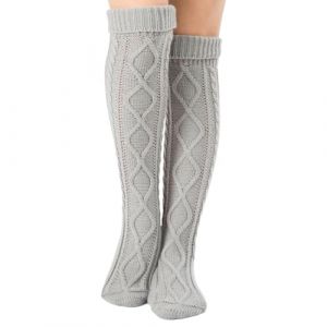 Dinglong Chaussettes en Dentelle pour Femmes, Jambes en Laine Tricot&eacute;es Sur Le Genou, Chaussettes de Sol de No&euml;l, Chaussettes Hiver Femme, Chaussettes Hautes Ray&eacute;es, Chaussette Haute Blanche (Dinglong, neuf)