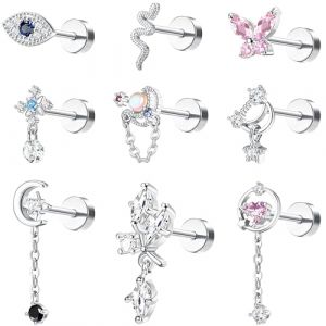 Kakonia 9Pcs 16G Piercing Oreille pour Femme Acier Chirurgical Boucles d'Oreilles Cartilage Tragus Piercing Labret Mauvais &OElig;il/Papillon/Le serpent Dangle Oreille Piercing Tragus Helix Piercing Bijoux (Kakonia, neuf)