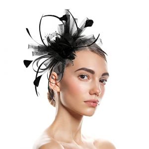 Chapeau bibi pour femme - Accessoire de cheveux - Voile avec voile - Bandeau en maille - Clip - Plume - Fleur - Chapeau en maille - Chapeau pour mariage, fête, église (mmin16999, neuf)