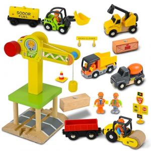 Joellfuner Chantier de Construction en Bois Enfants Jouet, Magn&eacute;tique V&eacute;hicule Chantier Jouet en Bois avec Grue &agrave; Tour, Excavatrice, Camion Grue, Compacteur Routier Jeux Educatif Cadeau Enfant 2-5 an (Shadow Panther, neuf)
