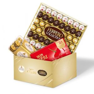 Box No&euml;l Chocolats Ferrero - Assortiment &agrave; Partager Ferrero Rocher x16 (204g), Ferrero Collection x48 (530g), Mon Ch&eacute;ri x30 (330g) - Id&eacute;e Cadeau chocolats &agrave; Offrir - 1,1kg (Deligusta, neuf)