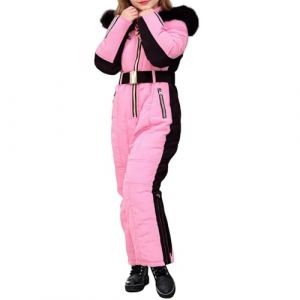 LOSVIP Combinaison de neige pour enfants gar&ccedil;ons filles avec capuche en fourrure matelass&eacute;e chaude hiver thermo combinaison de ski/salopette de ski avec poche zipp&eacute;e et ceinture, Rose, 13-14 ans (LOSVIP, neuf)