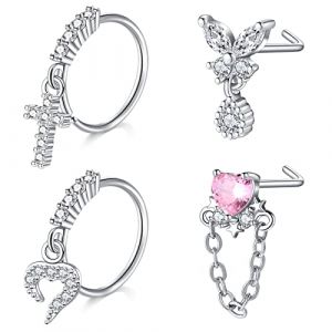 Mayhoop Piercing Nez 20G 4 Pi&egrave;ces Anneaux Studs pour Acier Chirurgical Piercing Argent avec CZ en Forme de L de Nez Bijoux de Piercing pour Femme Homme (Mayhoop, neuf)