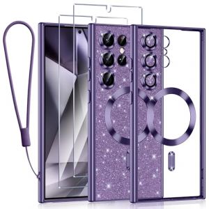 Kokio Glitter Magnétique pour Samsung Galaxy S24 Ultra 5G Con Cordon, [Compatible avec MagSafe] Antichoc Brillant Pailleté Couqe pour Samsung S24 Ultra 5G avec 2 Pièces Verre Trempé Étui, Violet (Wulf Stefan, neuf)