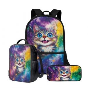 Wnbucioht Sac à dos 3 en 1 pour enfants garçons avec sac à déjeuner isotherme, porte-crayon, Chat de nuit galaxie, Taille unique, Ensemble cartable (xiaohedianzishangwu, neuf)