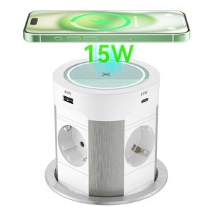 Multiprise Encastrable Plan de Travail 2 USB C PD 75W, Bloc Prise Encastrable avec 15W Chargeur Induction et 4 Prises, Prise de Table Escamotable Prise de Table Rétractable, 1.8M Câble, Blanc (YILONGEU, neuf)