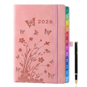Agenda semainier A5 2026 (janv. à déc.) – Motif floral rose avec onglets mensuels colorés, 2 signets, porte-stylo élastique, passant pour stylo et pochette intérieure – Planificateur élégant (ZT BenYu, neuf)