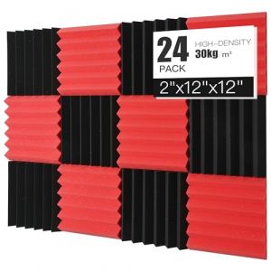 Lot de 24 panneaux acoustiques en mousse acoustique, 5 x 30 x 30 cm, absorbeur de bruit, pour studio d'enregistrement, noir et rouge (Saiqiang, neuf)