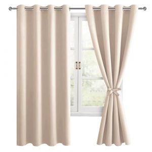 Hiasan Rideau Occultant avec Embrasses, Rideau Thermique Isolant Anti Froid et Chaleur, pour Chambre Salon Anti Bruit &agrave; &oelig;illets, 2 Pieces, 132 x 160 cm (Largeur x Hauteur), Beige (Hiasan, neuf)