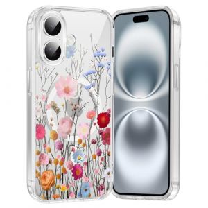 Saqmkil Coque Magn&eacute;tique pour iPhone 16 6,1", Compatible avec MagSafe, Aesthetic Motif Fleur Dessin Fille Etui, Transparente Souple Silicone TPU Bumper Case Antichoc Protection Housse Cover, Rose 2 (HEILALA VANILLA, neuf)