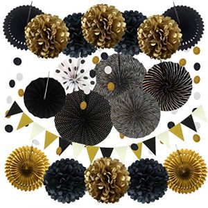 Zerodeco Décoration de fête Fournitures, 21 Pièces Noir Papier Pompoms Fleurs, Eventail Boule, Banderole en Triangle, Ventilateur Guirlandes fête Baptême Birthday Graduation d'anniversaire Décoration (ZERODECO EU, neuf)