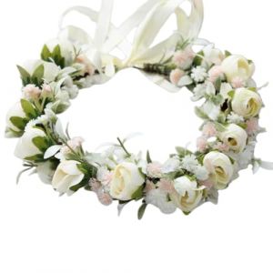 YAZILIND Rose blanche Fleur de la Couronne pour les Femmes &ndash; Bobo Floral Halo Casque avec des Accents Rose pour la Mari&eacute;e, des Festivals, des Photoshoots, et les Parties (SHUOLONG, neuf)