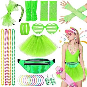 D&eacute;guisement Ann&eacute;es 80 Femmes Filles Tutu,Sac Banane,Boucles D'oreilles,Gants en R&eacute;sille,Collier,Lunettes,Bandeau,Jambi&egrave;res,Bracelet,Tenue R&eacute;tro Disco Costume V&ecirc;tement F&ecirc;te N&eacute;on Tutu Fluo(Vert) (rongjia-ww, neuf)