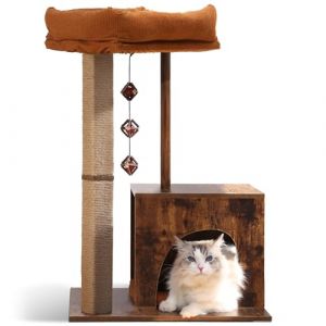 FUKUMARU Arbre à Chat, 76 cm Arbre à Chat Rétro avec Poteau Carré Unique, Tour à Chat en Bois avec Boules en Argent, Griffoir Moderne pour Chats d'Intérieur (Taire Home, neuf)