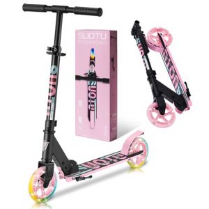 SUOTU Trottinette pour Enfants avec 2 Roue Lumineuse de 14,5 cm, Pliable, Hauteur R&eacute;glable, Scooter pour Gar&ccedil;ons et Filles de 3 &agrave; 12 Ans, Charge Max. 50 kg, Aluminium (Noir-Rose) (Uni-Phoenix, neuf)