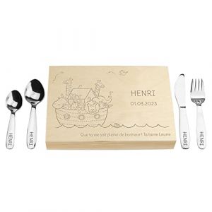 LAUBLUST Couverts pour Enfants gravés avec boîte - Cadeau personnalisée en Bois - Naturel - 4 pièces - Couverts de Table en Acier Inoxydable - Cadeau personnalisé (L'Arche de Noé) (Gipanis GmbH, neuf)