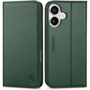 Shieldon Coque Cuir V&eacute;ritable pour iPhone 17 6,3 Pouces 5G 2025, Housse Portefeuille Etui Cuir R&eacute;el, Flip, Porte-Cartes, Protection Anti-Choc, RFID Blocage, Fonction Stand - Ch&ecirc;ne Vert (TG-Global FR, neuf)