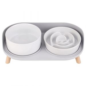Gamelle Chien Anti-glouton sur&eacute;lev&eacute;e Set - gamelles c&eacute;ramique avec Support Plastique antid&eacute;rapant - Bol Alimentation Lente et Bol d&rsquo;Eau pour Chiens de Petite et Moyenne Taille (PTOBER, neuf)