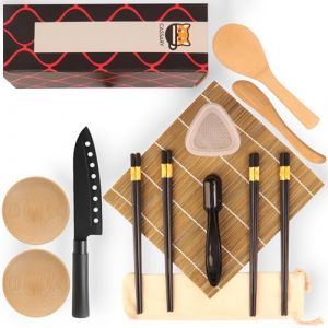 Kit sushi complet. Sushi maker kit complet professionnel (17 pi&egrave;ces) Appareil &agrave; sushi compos&eacute; de natte professionnelle en bambou, couteau, moules &agrave; nigiri et onigiri, baguettes, cuill&egrave;re... (Maker B) (CASSARY, neuf)