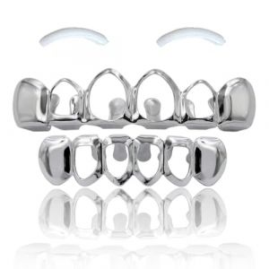 SSyang Grills Dentaires,Hip Hop Teeth Grills Faux Punk 18K Hip Hop Dents,Haut en Bas Diamant Strass Dents Grillz Halloween Festival Musique Party Hip Hop Rapper Costume Décoration(Argent, Creux) (luou, neuf)