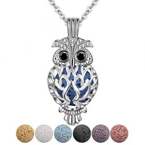 CELESTIA Colliers Diffuseur D'huile Essentielle, Argent Plaqué Hibou Médaillon Pendentif avec 7 Absorbantes Réutilisables Lave Perles, 24" Chaîne, Femme Bijoux D'aromathérapie (CELESTIA, neuf)