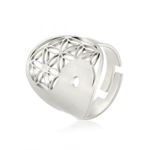 TEAMER Réglable Fleur de Vie Bague Acier Inoxydable Om Symbole Anneau Géométrie Sacrée Magique Hexagramme Talisman Amulette Bijoux Pour Femmes Filles(Fleur Yin Yang - Argent) (TEAMER, neuf)