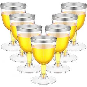 LATERN 50 Pièces Verres à Vin Bordés D'argent, 170ml Verres de Dégustation de Vin en Plastique Gobelets à Vin Réutilisables à Tige pour Boissons Whisky Champagne Bière Cocktail Martini (13,5 x 6,5cm) (QINGJIN-EU, neuf)