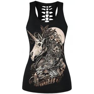 Ocean Plus Femme Crâne Sport Débardeurs Gothique Cache-cœur Gilet d'entraînement sans Manches Chemise Criss Cross Noir T-Shirt Halloween (L (Brustumfang: 92 cm), Crâne de Licorne 2) (Ocean Plus, neuf)