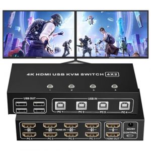 Commutateur KVM HDMI 4X2, BolAAzuL 4K@60Hz HDMI 2.0 KVM USB 2.0 Commutateur 4 en 2 sorties, commutateur KVM HDMI 4 PC, 2 moniteurs, souris clavier avec 4 hubs USB 2.0 (BolAAzuL, neuf)