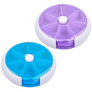 2 Pcs Pilulier de Voyage 7 Jours, Plastique Bo&icirc;tes &agrave; Pilules Ronde Portable, Pilulier de Poche 7 Compartiments, Mini &Eacute;tui &agrave; Pilule, Bo&icirc;te &agrave; Comprim&eacute;s Journalier Semainier pour Suppl&eacute;ments, Violet+Bleu (lanyitao, neuf)