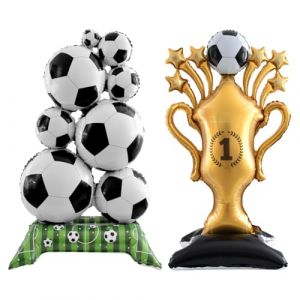 AEIXYA 2 Pi&egrave;ce D&eacute;corations De F&ecirc;te Football, Grand Troph&eacute;e Et Ballons En Aluminium Football, 150X83 Cm, Pile De Football Debout Extra Large, Pour Jeux Mondiaux, Sports, Th&egrave;me Anniversaire D'Enfant (weihaizhipengshangmaoyouxiangongsi, neuf)