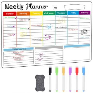 OFFCUP Calendrier Magnetique Frigo, Planning Semaine Magnetique, Tableau Blanc Semainier Effaçable avec 6 Marqueurs et 1 Gomme idéal pour Planification Tâches Menus Projets Études Planificateur Repas (BEST-SELLER5, neuf)