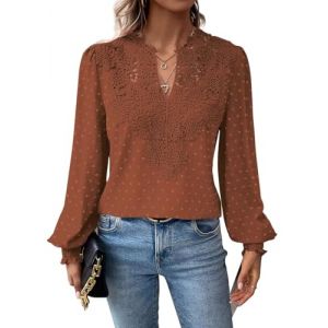 TUUHAW Tee Shirt Manche Longue Femme Chemisier Femme Chic et &Eacute;l&eacute;gant Automne Boh&egrave;me Col en V Tunique Fluide &agrave; Point T-Shirts Suisse Chemise Volants D&eacute;contract&eacute; Blouses Loose Hauts Orange S (TROFANO, neuf)