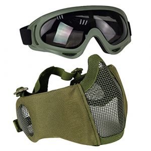 Aoutacc Kit de Protection Airsoft avec Demi-Masque en Maille avec Protection des Oreilles et Lunettes - pour CS/Chasse/Paintball/Tir, Vert (MeiLu, neuf)