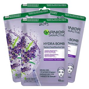 Garnier SkinActive Hydra Bomb Masque Visage en Tissu Super Hydratant Relaxant Formule Vegan avec Lavande et Acide Hyaluronique Relaxant pour Peau stressée 4 Masques Jetables (CorpoeCapelli, neuf)