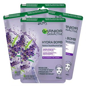 Garnier SkinActive Hydra Bomb Masque Visage en Tissu Super Hydratant Relaxant Formule Vegan avec Lavande et Acide Hyaluronique Relaxant pour Peau stressée 4 Masques Jetables (Eurocali, neuf)