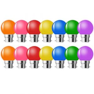 MZYOYO Lot de 14 Ampoule LED Couleur B22 Baïonnette,Ampoule Guirlande Exterieure,Ampoules B22 LED 2W G45,Multi Colore,Équivalent 10W,Rouge Jaune Bleu Vert Orange Rose Violet,Pour Chaîne,Noël,Veilleuse (MZYOYO, neuf)