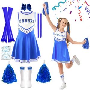 HILKKET Deguisement Pompom Girl Enfant, Uniforme de Pom-Pom Girl Fille, Costume Cheerleader Enfant, tenue pom-pom avec Pompoms, B&acirc;tons Joie, Chaussettes pour Costume Carnaval Mascarade (Bleu, 110) (Textile knot OU, neuf)