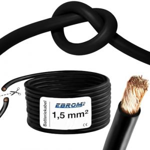 EBROM Câble de batterie très flexible Hi-Flex (Hi Flex) 1,5 mm² - Vendu au mètre en noir - Très flexible - Gaine en PVC (70 ± 5 Shore) 99,9 % cuivre OFC 1,5 mm² - Câble de démarrage, câble de charge (EBROM, neuf)